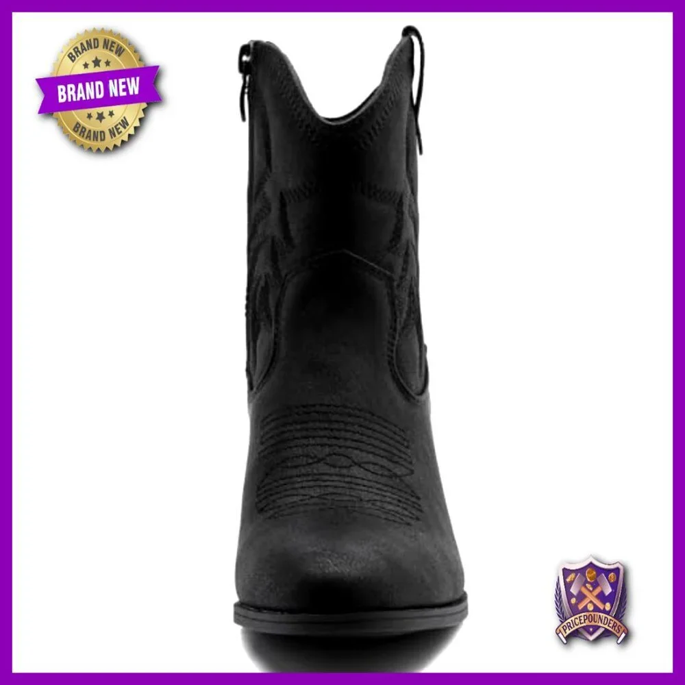 Western Cowgirl Boots Mid Calf Ankle Booties Synthetic Leather Side Zipper